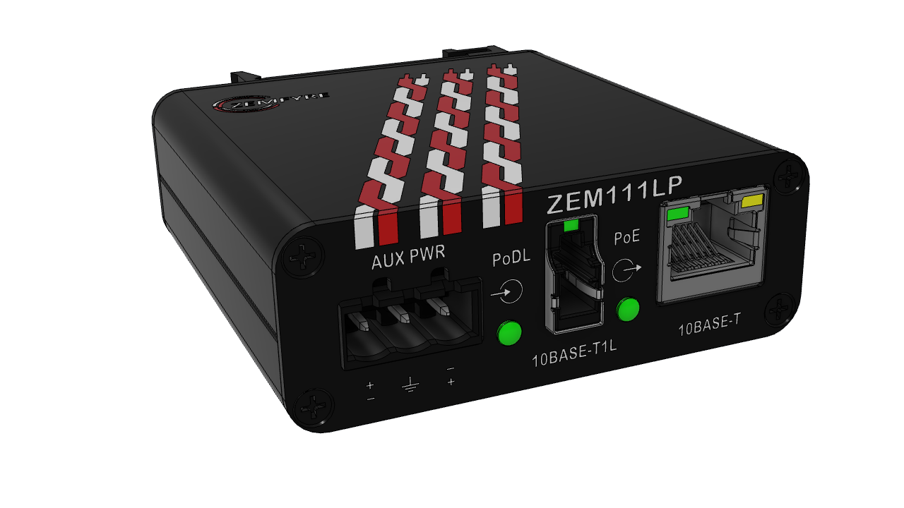 ZEM111LP SPE Media Converter — CAD render, isometric view