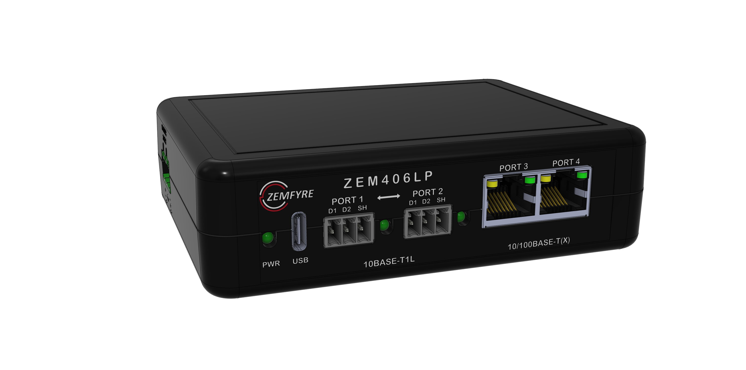 ZEM406LP Daisy Chain SPE Switch — CAD render, isometric view