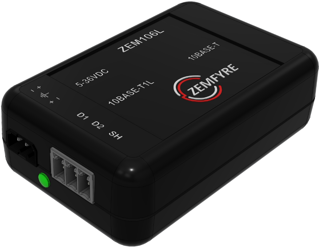 ZEM106L Media Converter — isometric view, showing the 3-position SPE terminal block