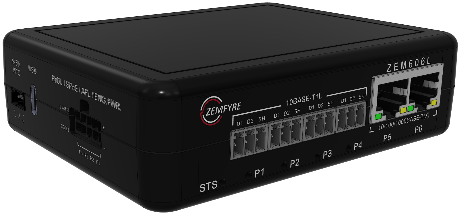 ZEM606L Secure Unmanaged Switch — isometric view, showing four SPE terminal-block ports and two RJ45 uplinks